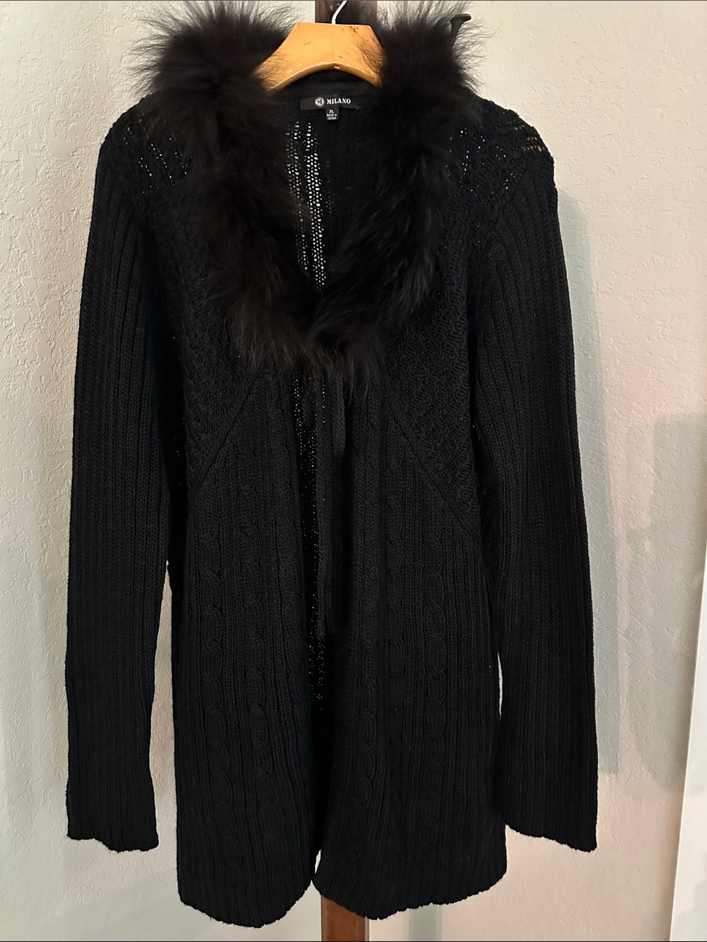 Milano Black Cable-Knit Cardigan with Faux Fur Trim